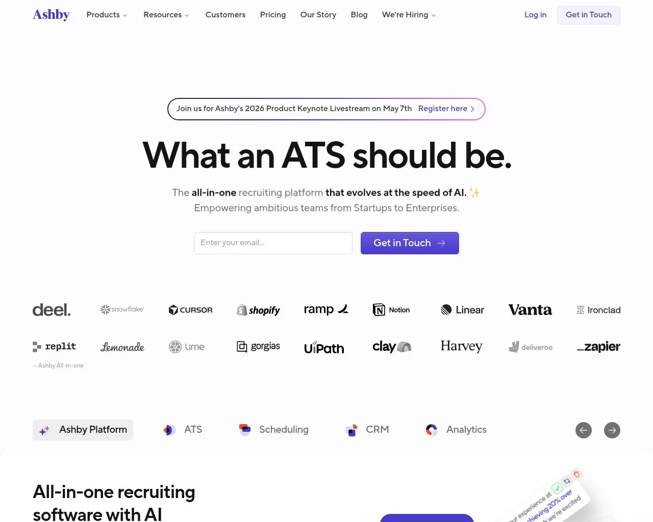 Screenshot of the Ashby website homepage
