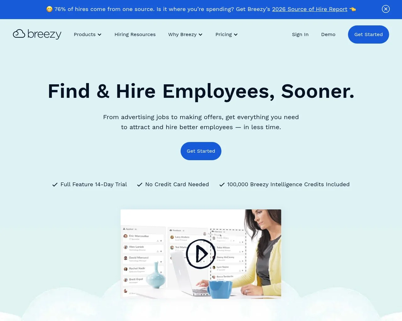Screenshot of the Breezy HR applicant tracking platform homepage