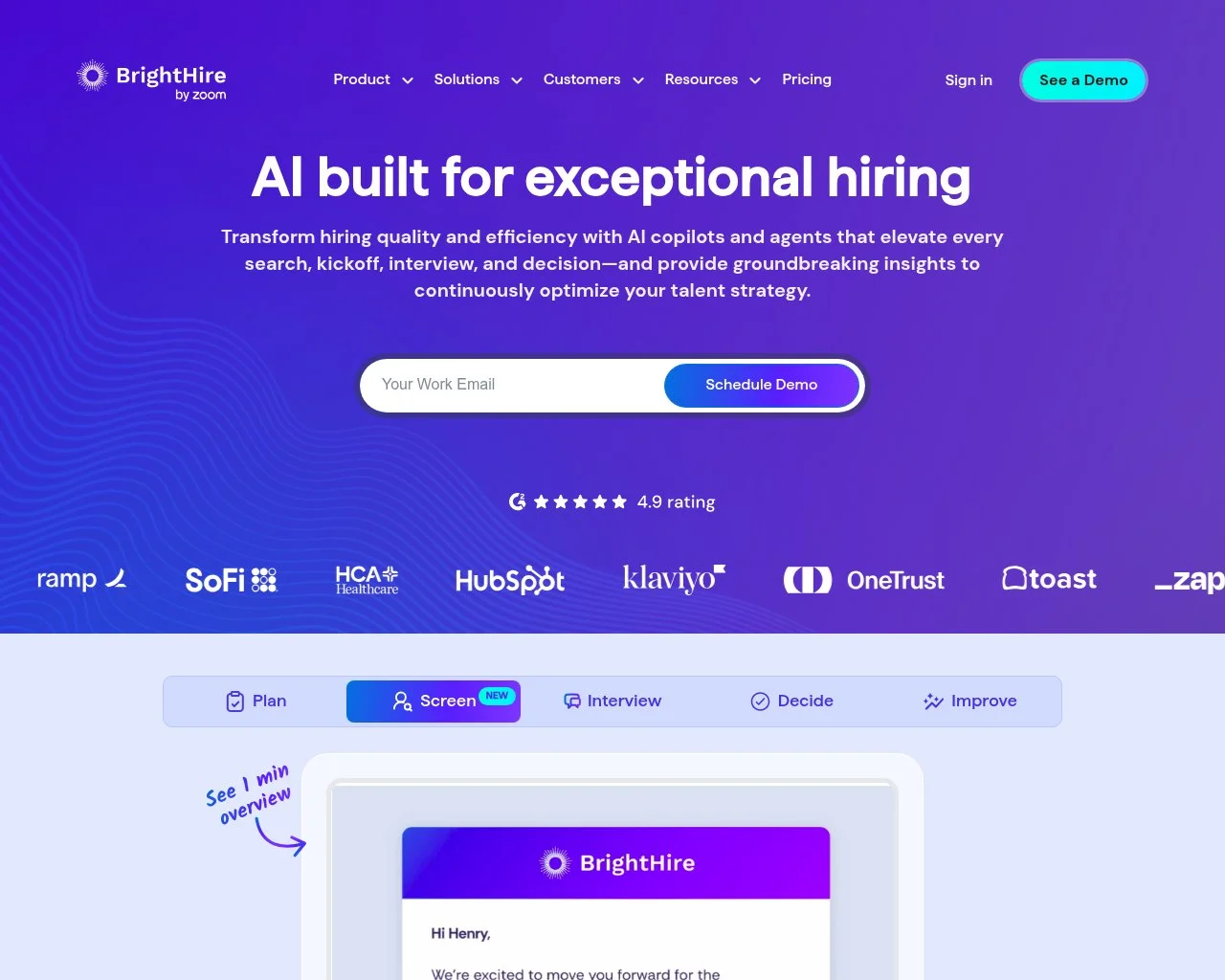 BrightHire homepage showing its interview intelligence platform, now part of Zoom