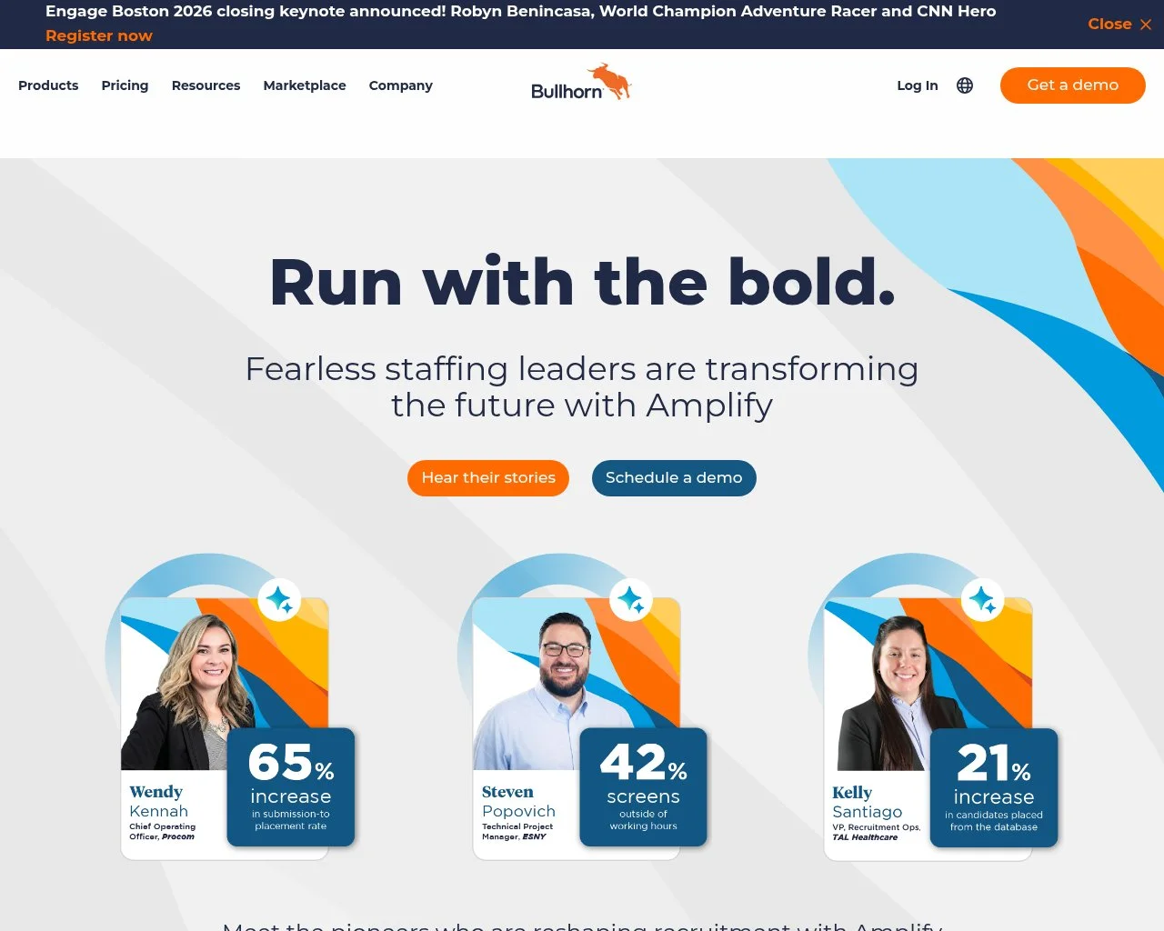 Screenshot of the Bullhorn recruiting platform homepage