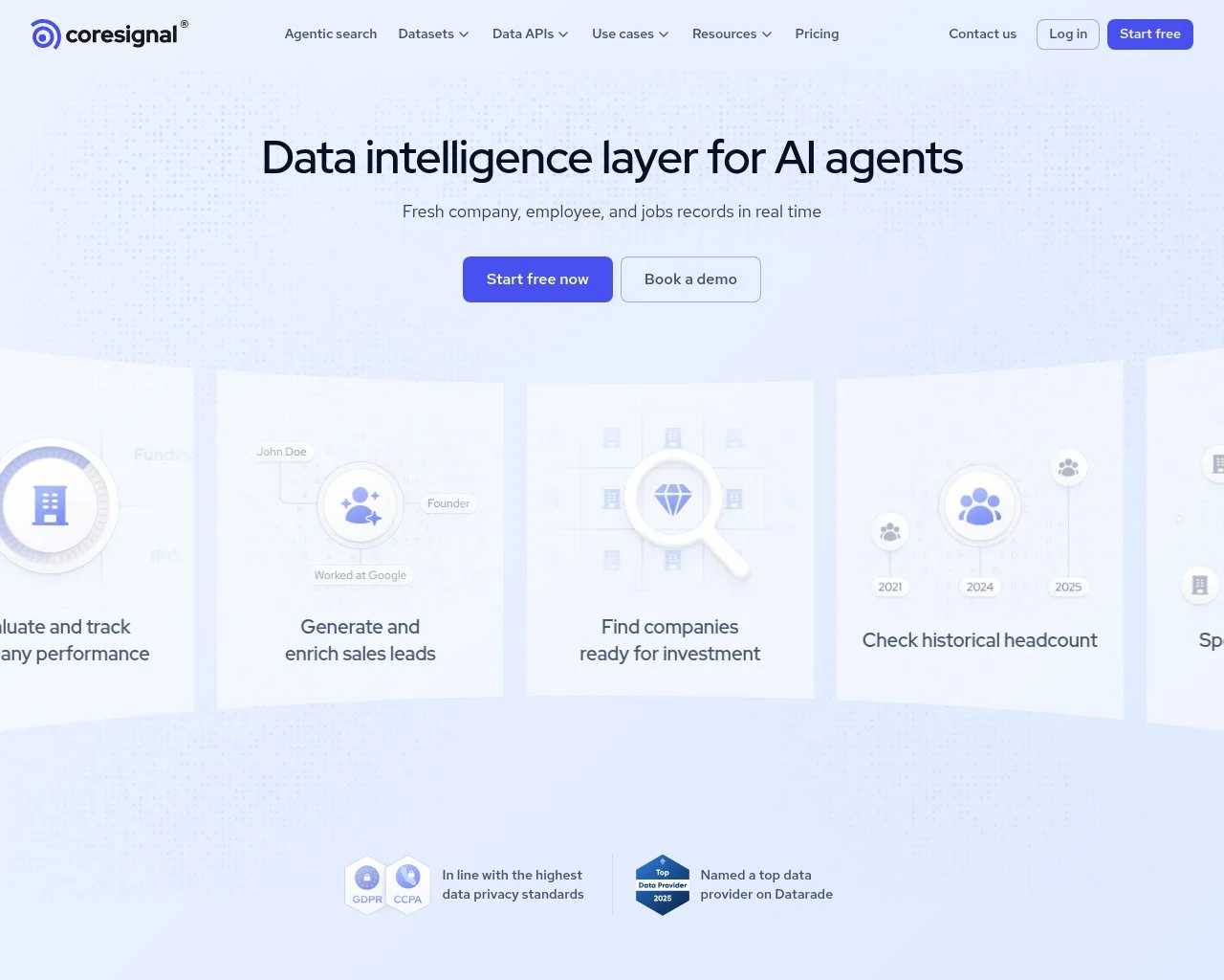 Screenshot of the Coresignal workforce data API homepage
