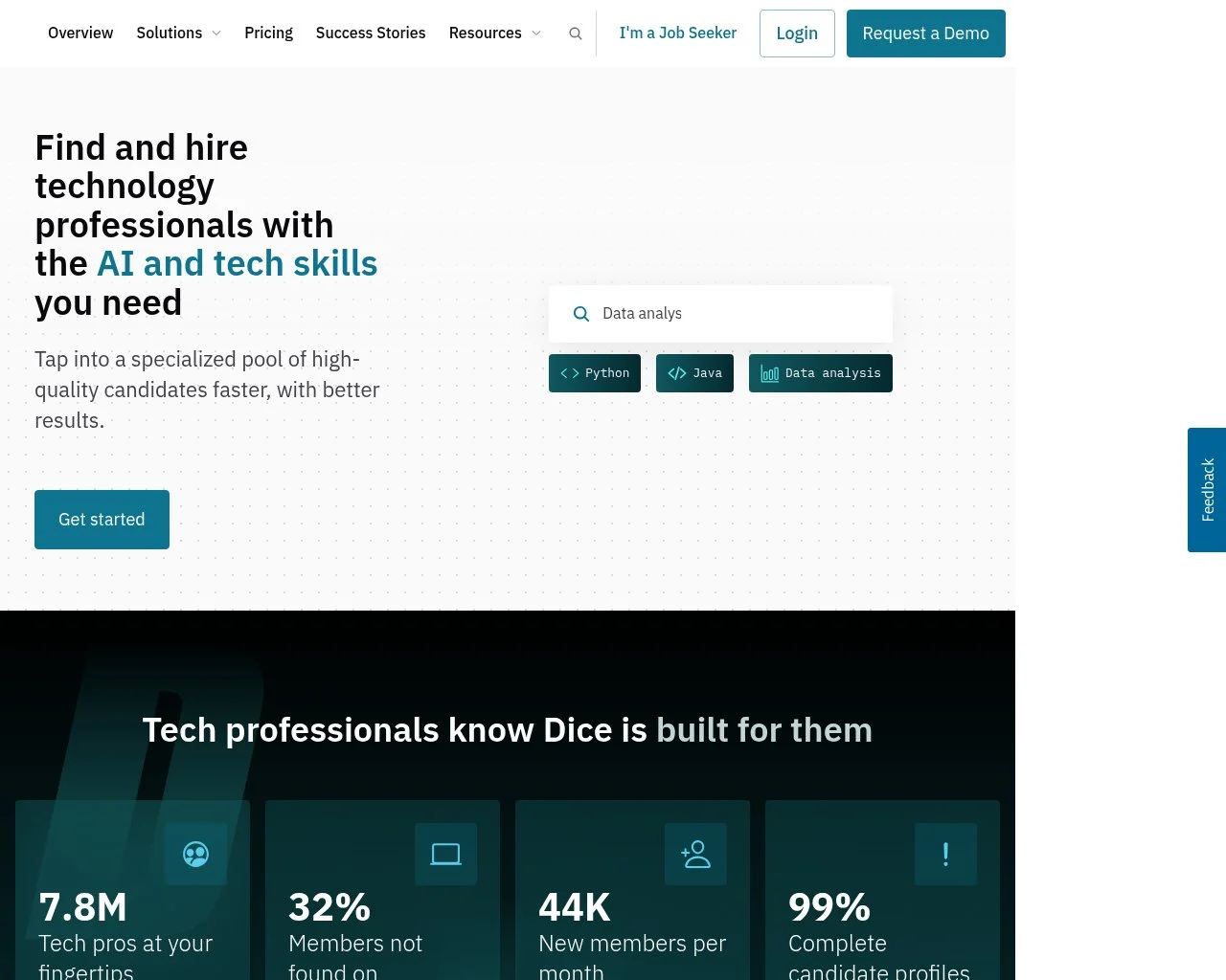 Screenshot of the Dice for Employers homepage