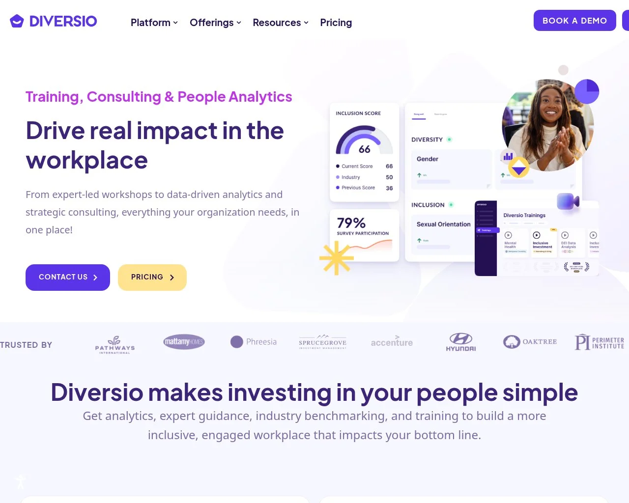 Screenshot of the Diversio DEI analytics platform homepage