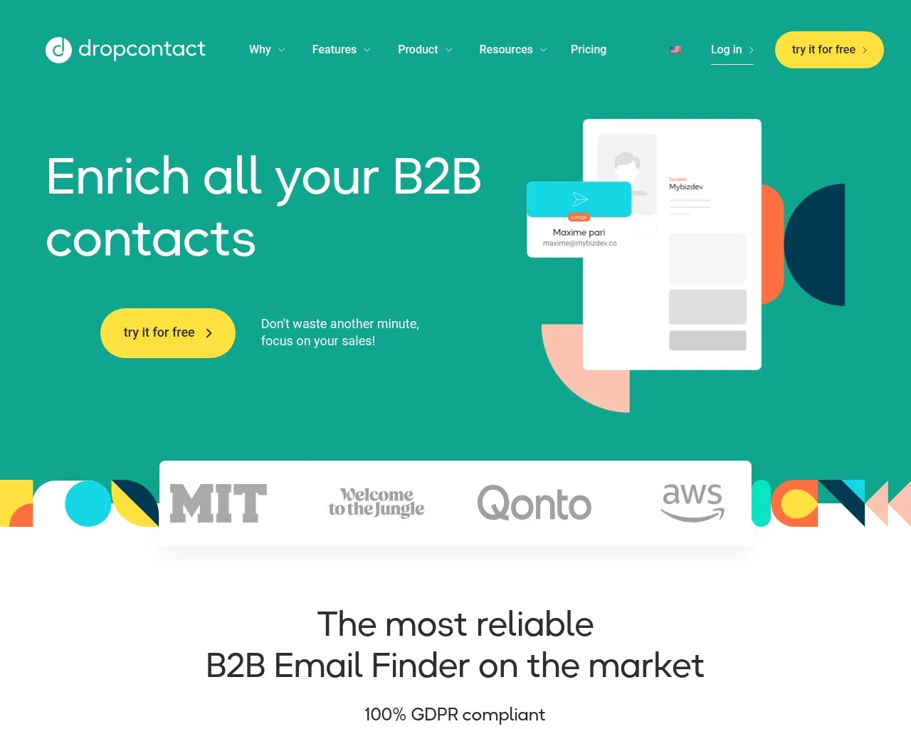 Screenshot of the Dropcontact GDPR-native email API homepage