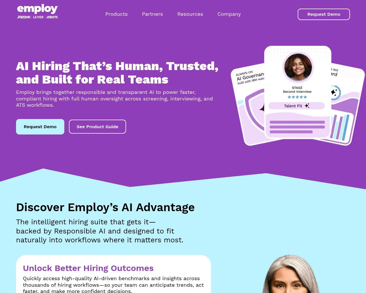 Employ homepage showing the parent company of Lever, Jobvite, and JazzHR that now includes Pillar
