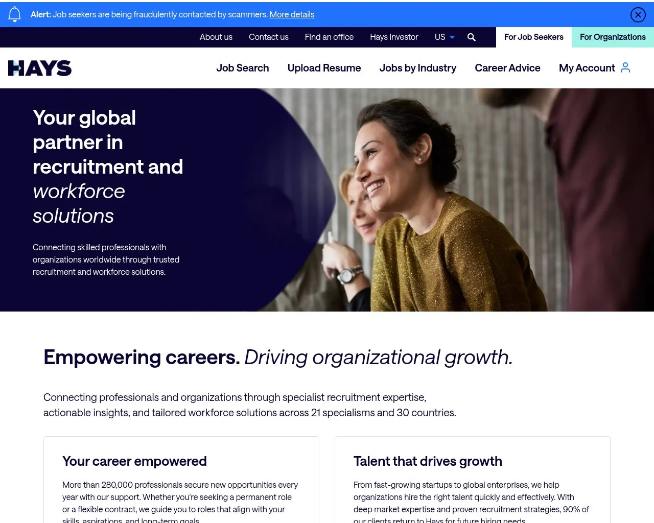 Screenshot of the Hays website homepage