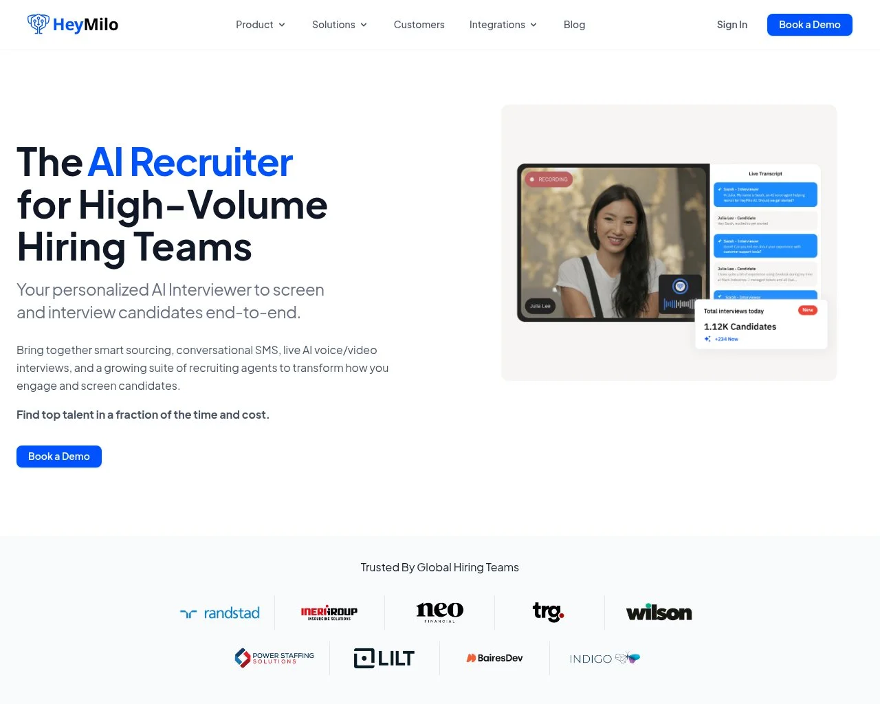 Screenshot of the HeyMilo AI interview platform homepage