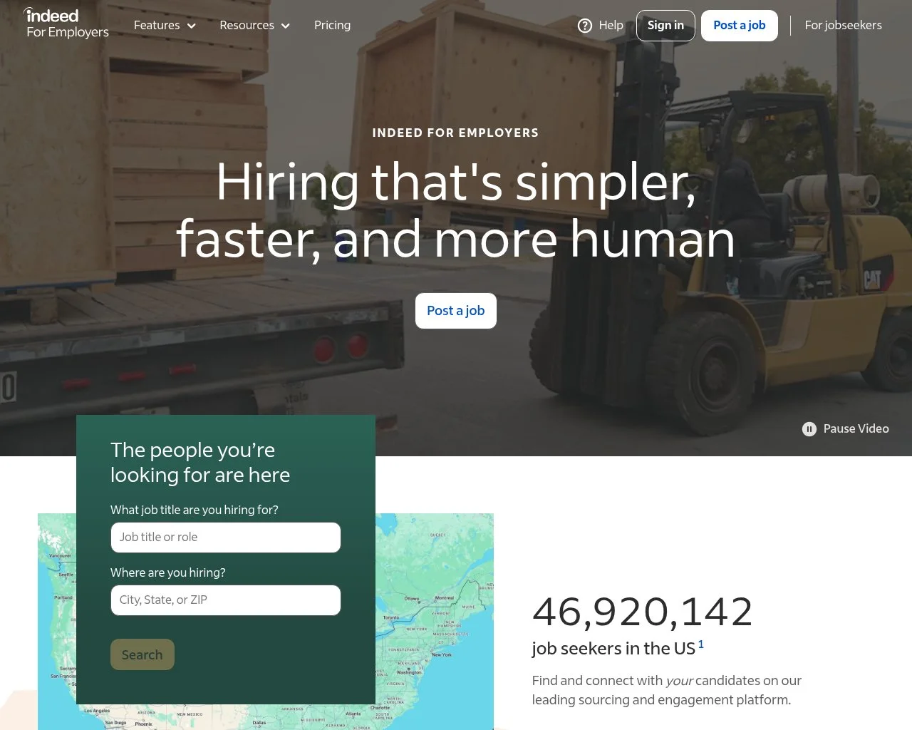 Screenshot of the Indeed for Employers homepage