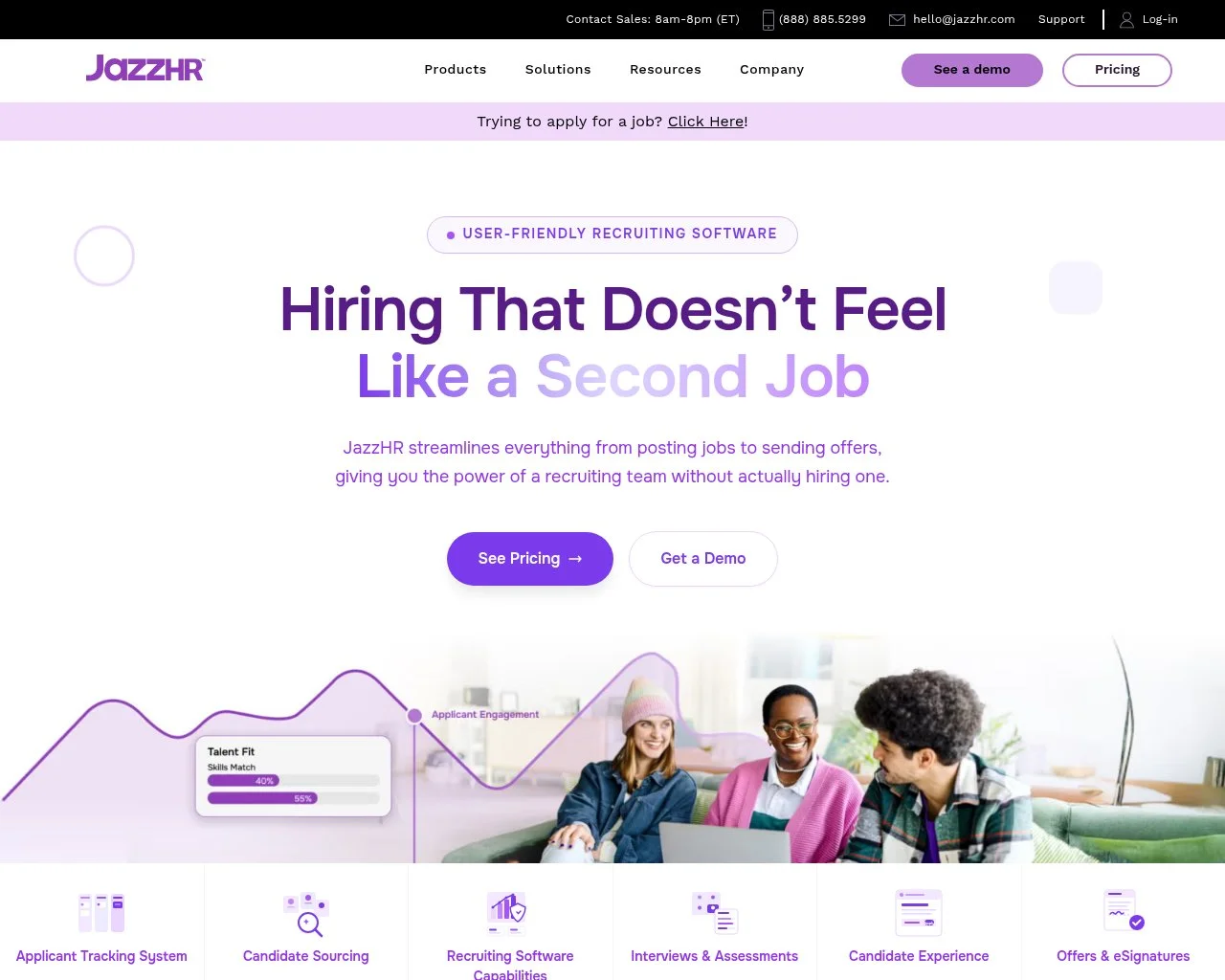 Screenshot of the JazzHR applicant tracking system homepage