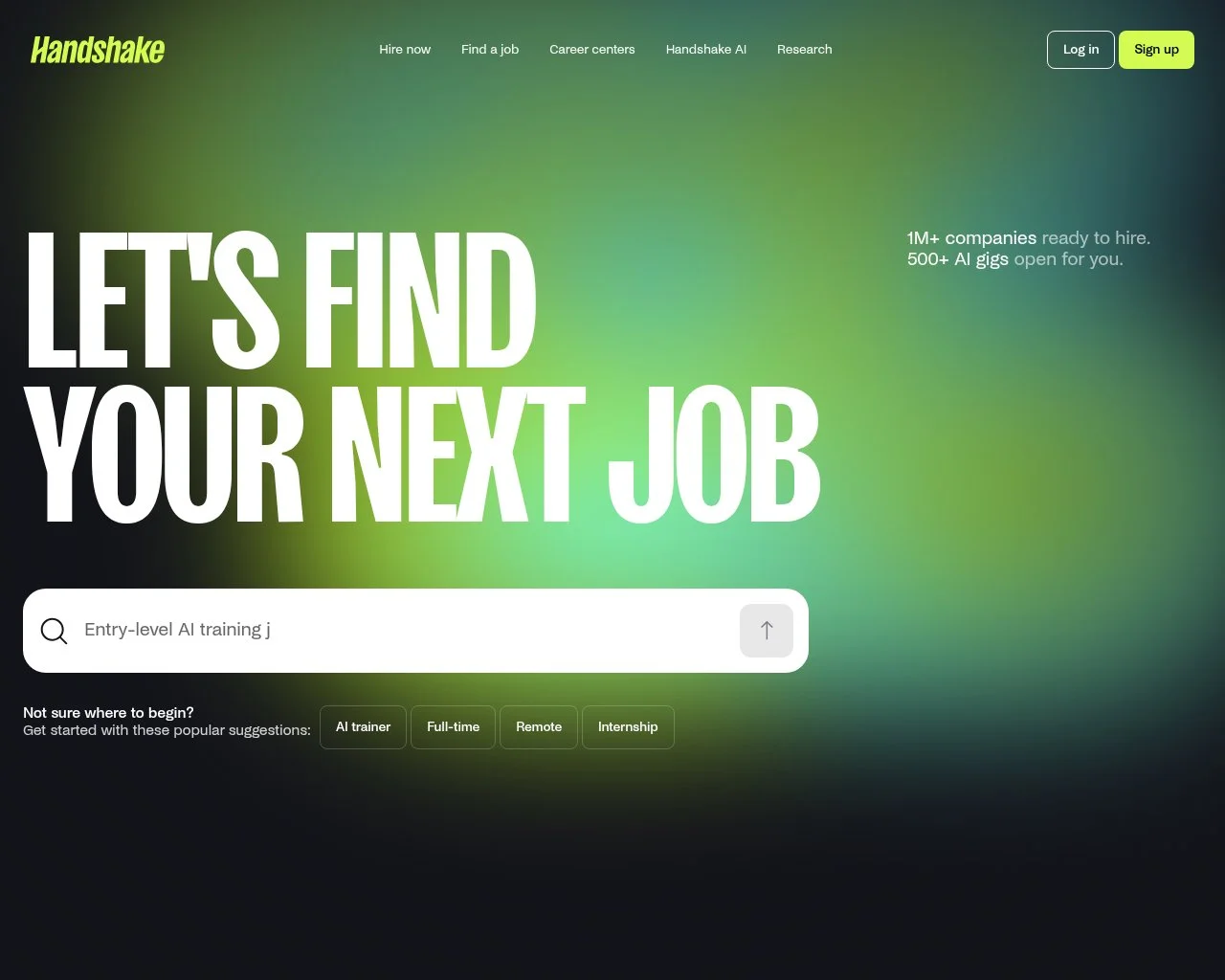 Screenshot of the Handshake campus recruiting platform homepage