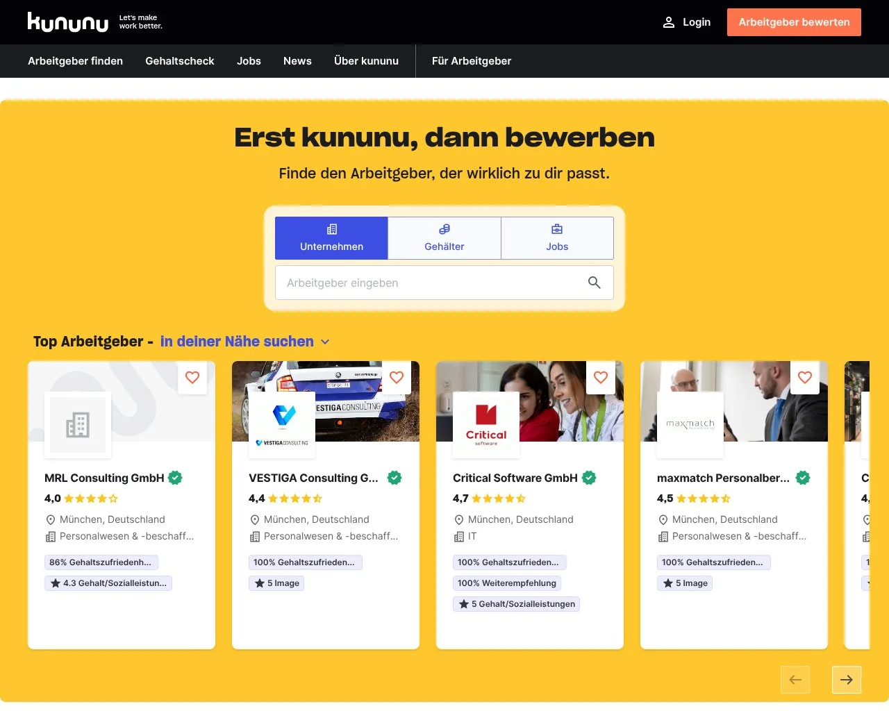 Screenshot of the Kununu employer branding platform homepage