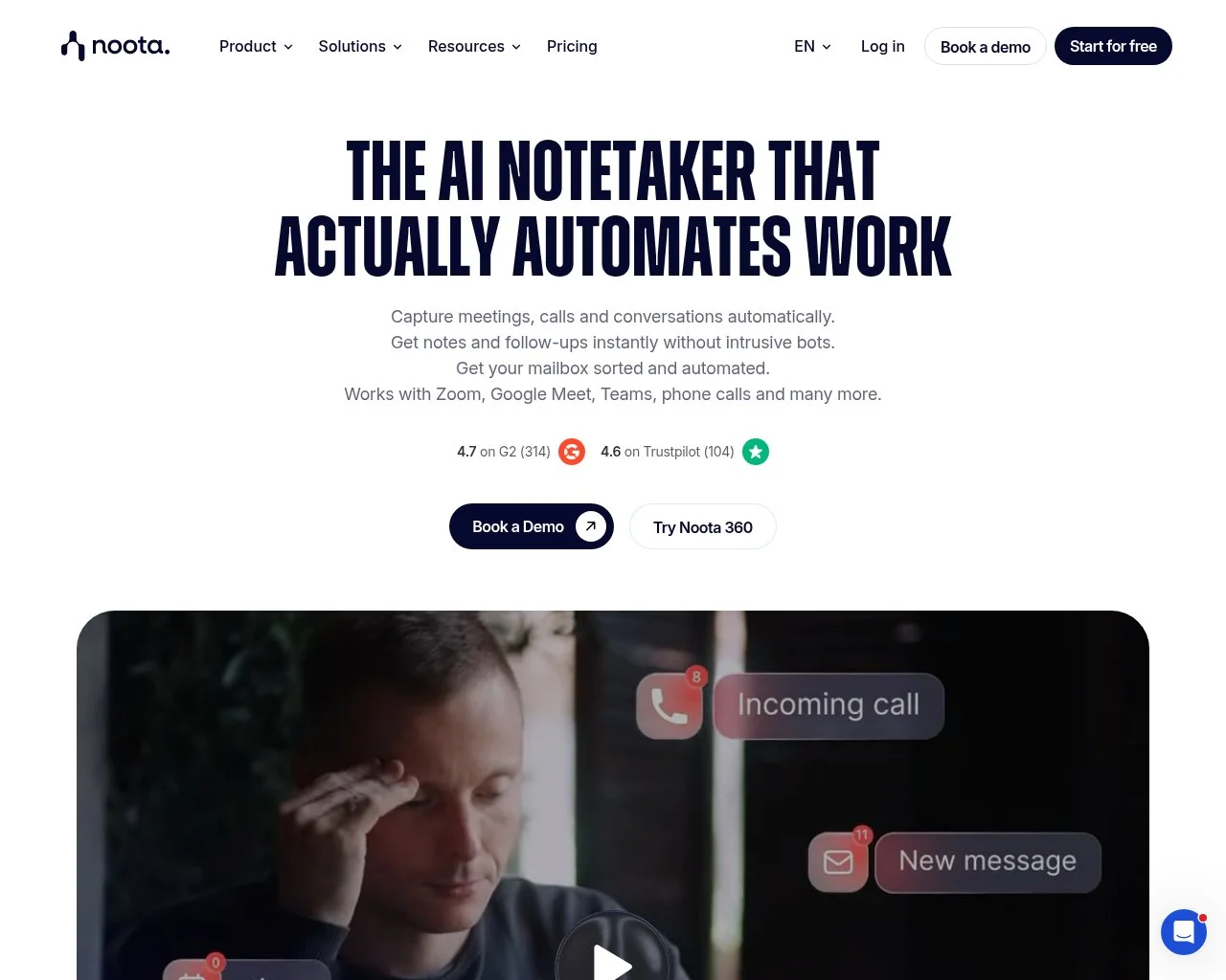 Noota homepage showing its multilingual meeting recording and AI summary product