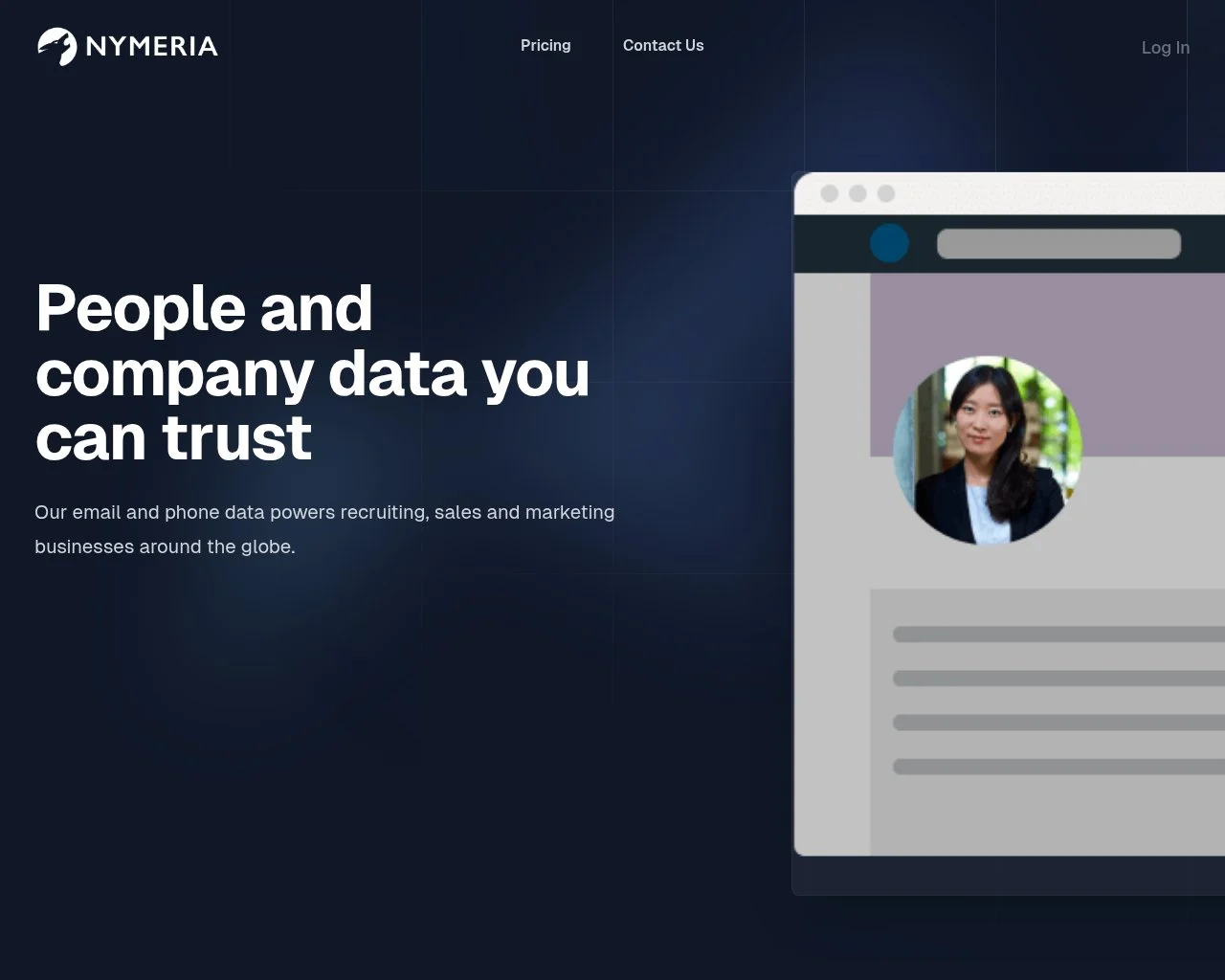 Screenshot of the Nymeria developer profile enrichment API homepage