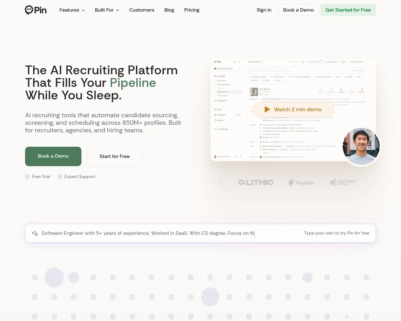 Screenshot of the Pin AI recruiting platform homepage
