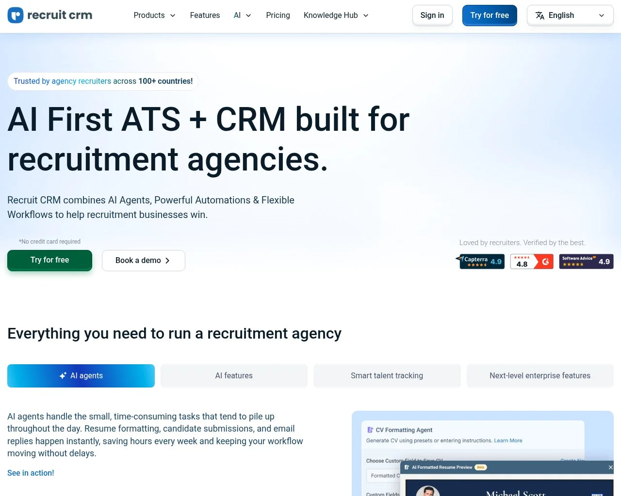 Screenshot of the Recruit CRM homepage