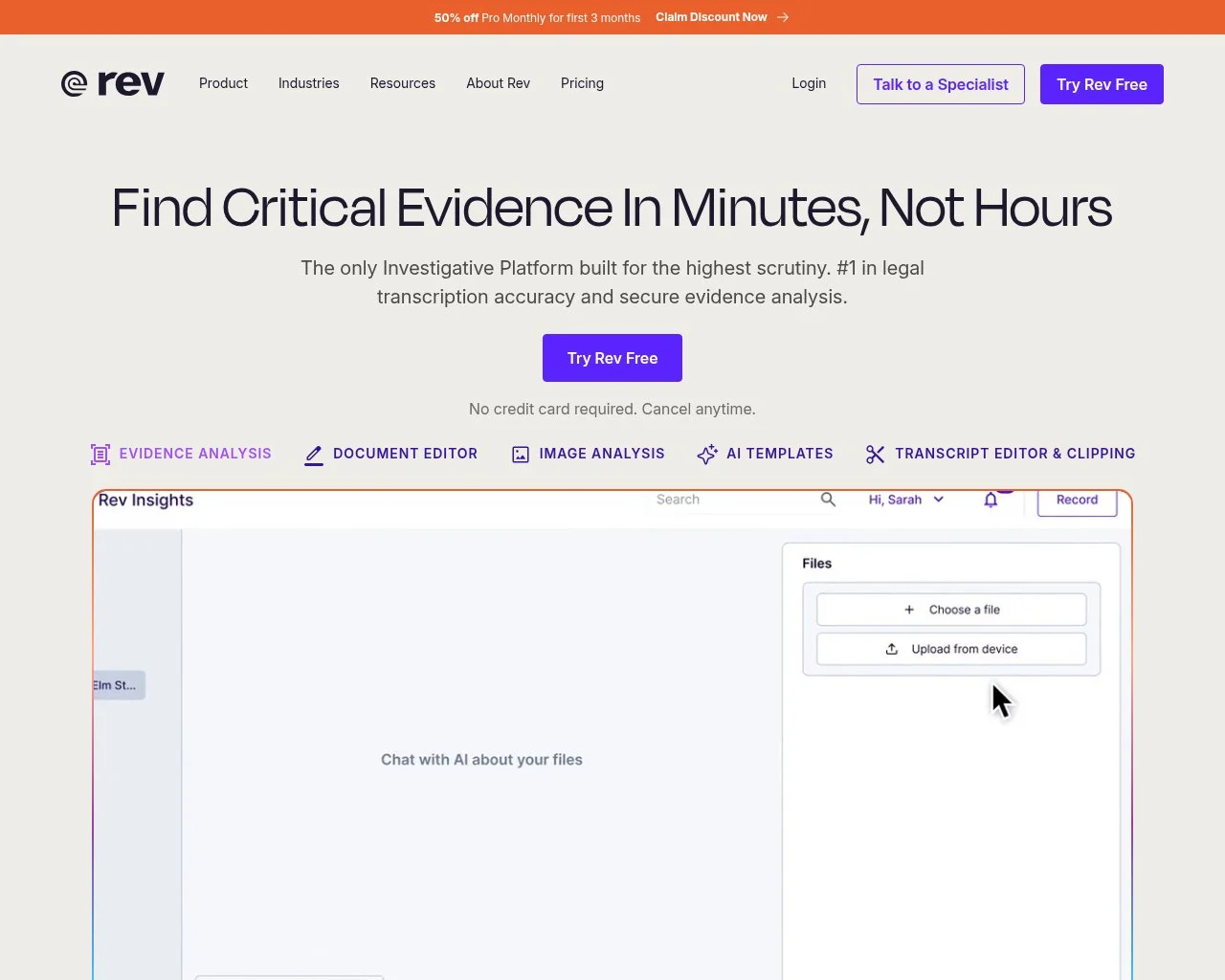 Rev homepage showing its AI and human-reviewed transcription services