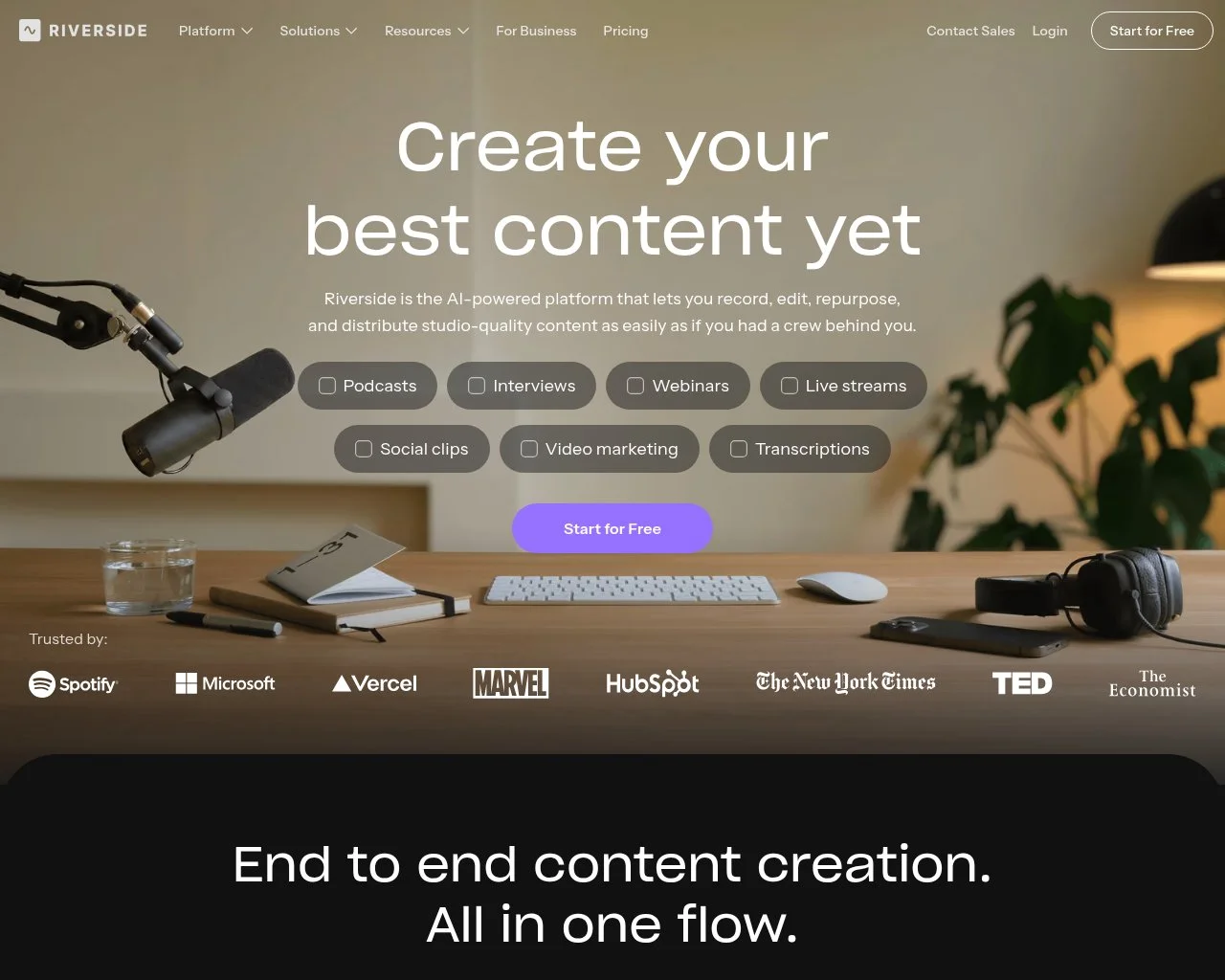 Riverside.fm homepage showing its local-recording studio-quality video platform