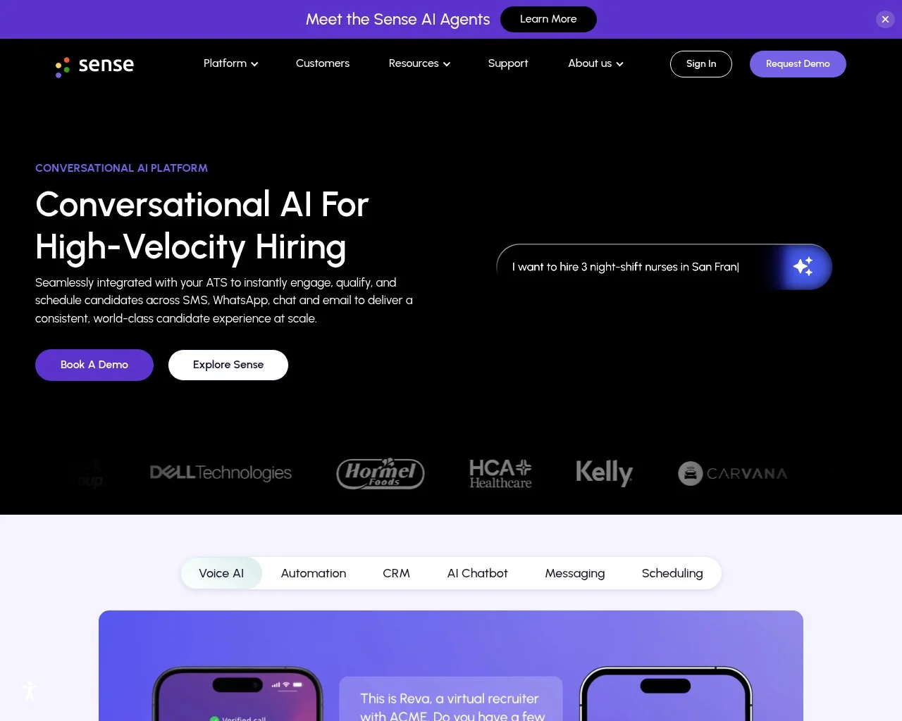 Screenshot of the Sense AI candidate engagement platform homepage