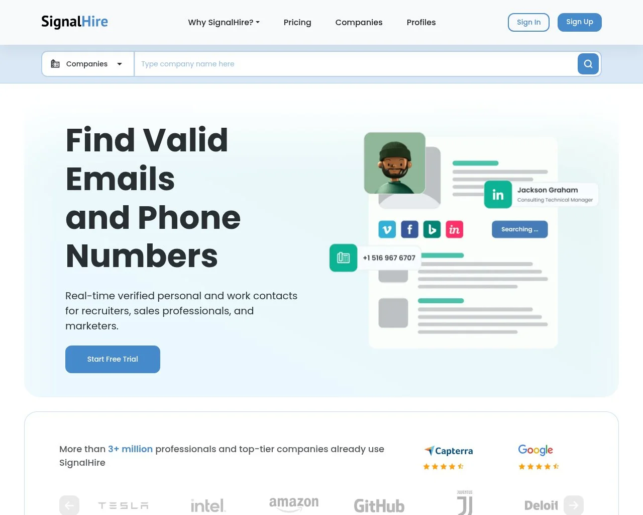 Screenshot of the SignalHire recruiting API homepage