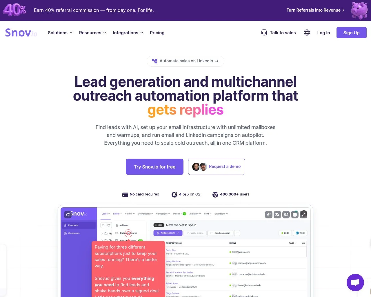 Snov.io email finding and outreach platform homepage
