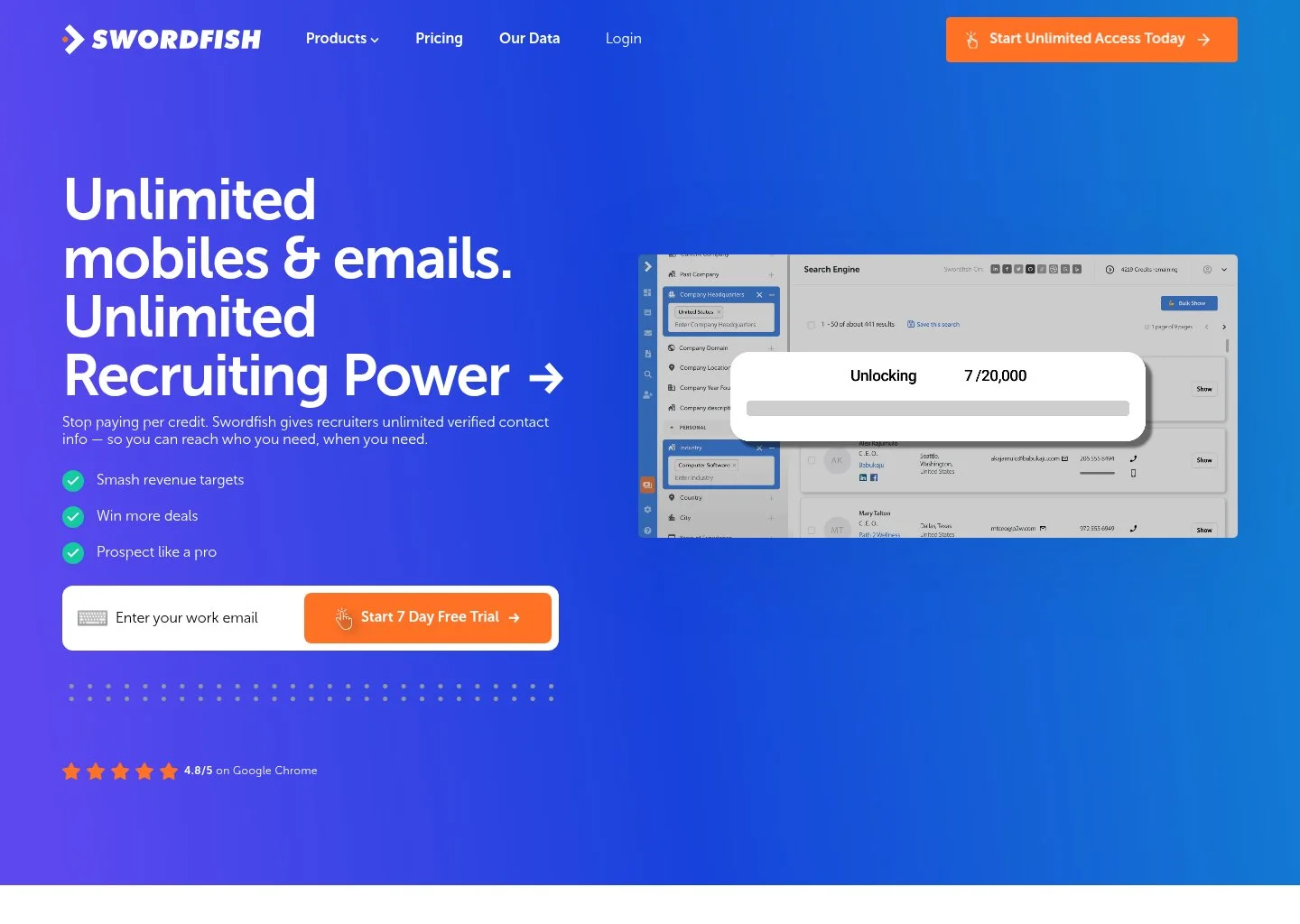 Screenshot of the Swordfish AI cell phone number finder homepage