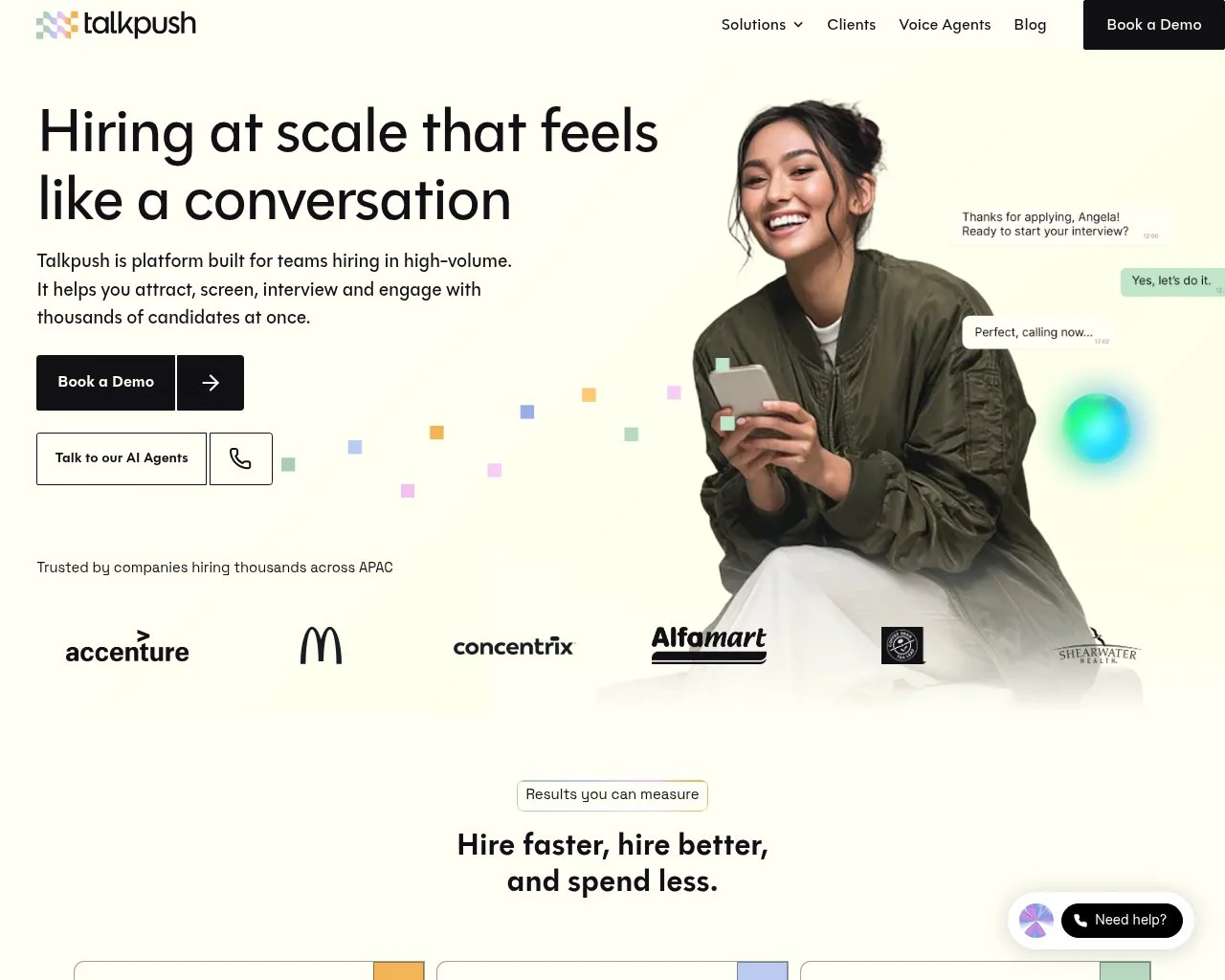 Screenshot of the Talkpush conversational recruiting platform homepage
