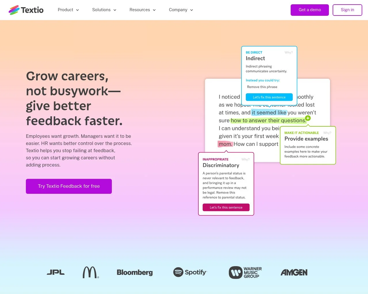Screenshot of the Textio inclusive language AI platform homepage