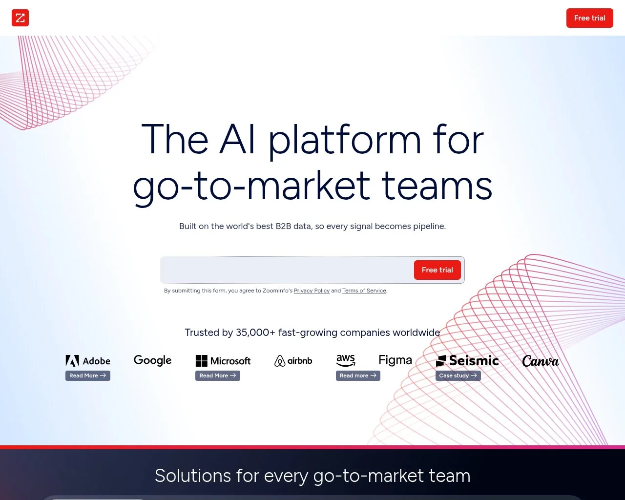 Screenshot of the ZoomInfo B2B intelligence platform homepage