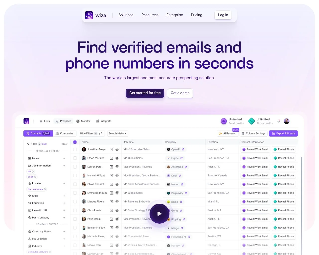 Screenshot of the Wiza website homepage