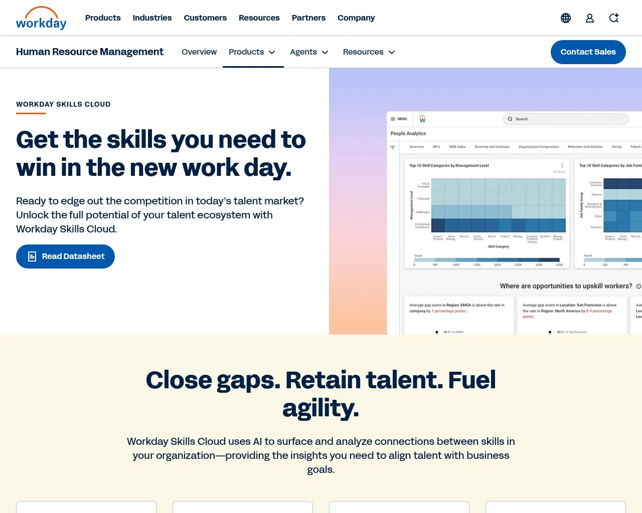 Workday Skills Cloud product page showing internal skills analytics dashboards