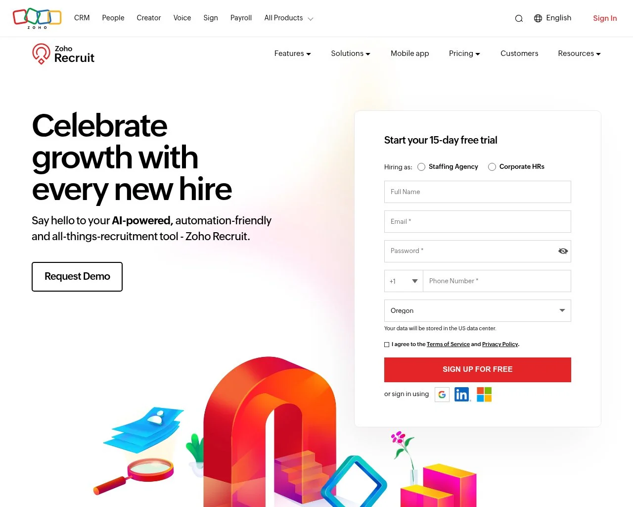 Screenshot of the Zoho Recruit homepage