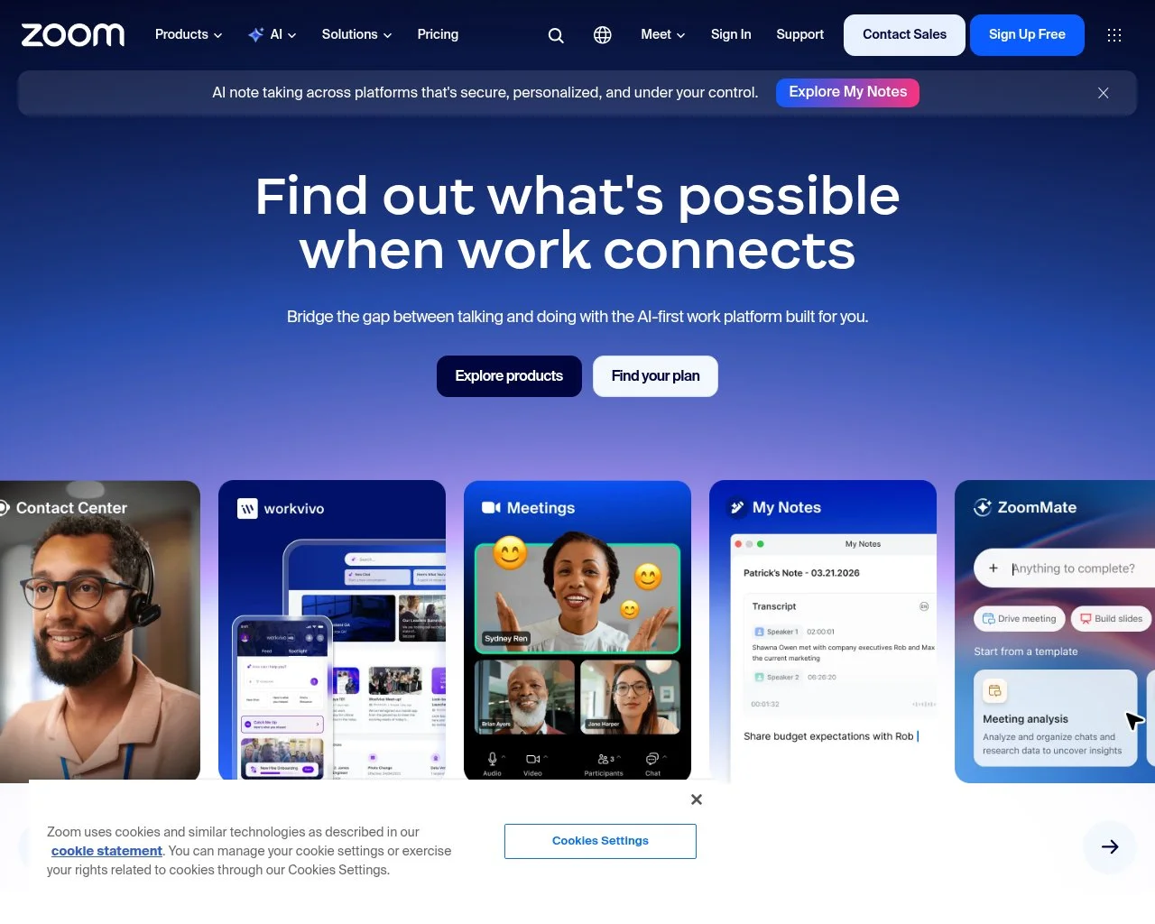 Zoom homepage showing its video meeting platform that includes native cloud recording